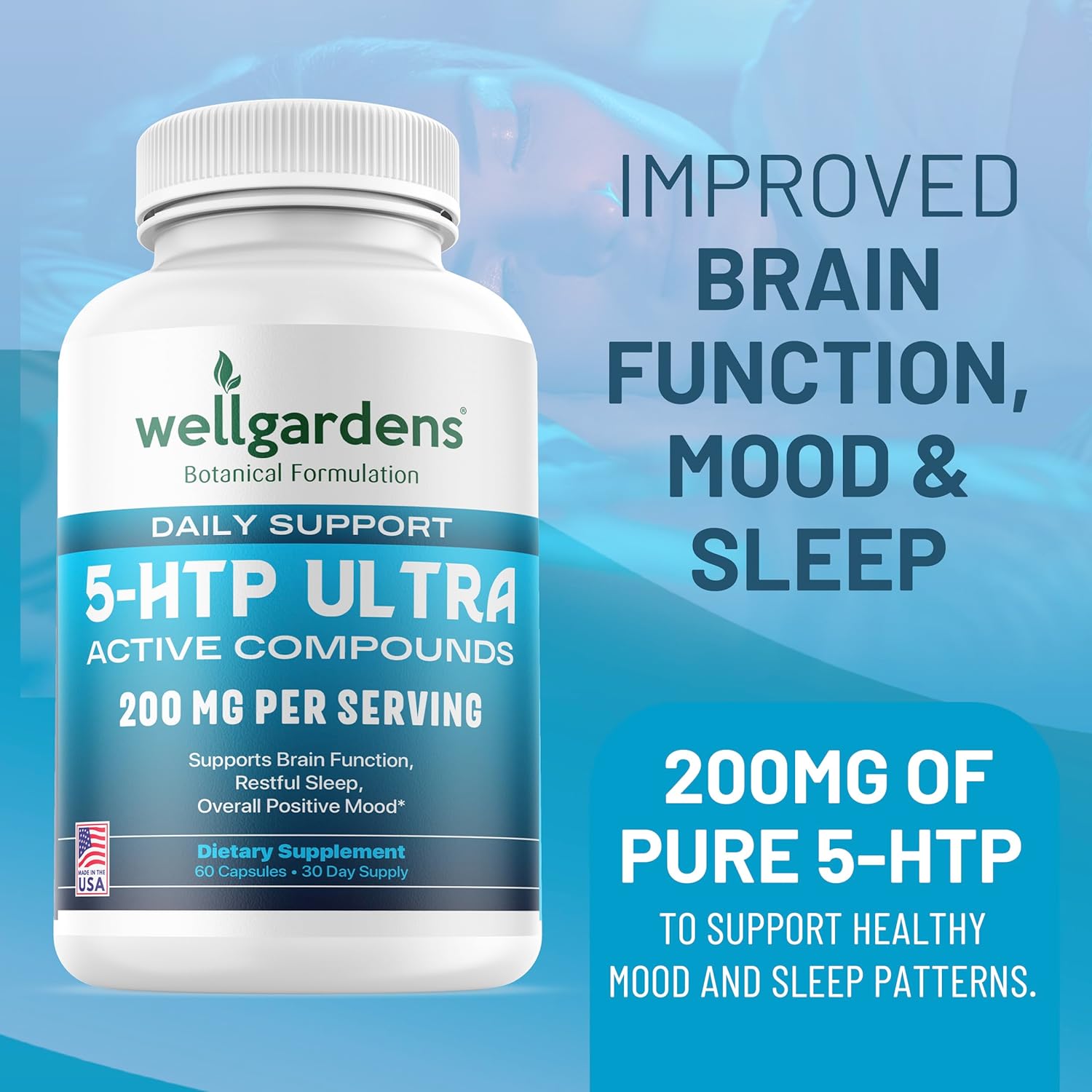 Wellgardens 5-HTP Ultra Supplement for Mood, Sleep, and Stress Support - 100% Pure 200mg Capsules with Calcium - 60 Count, 30 Servings