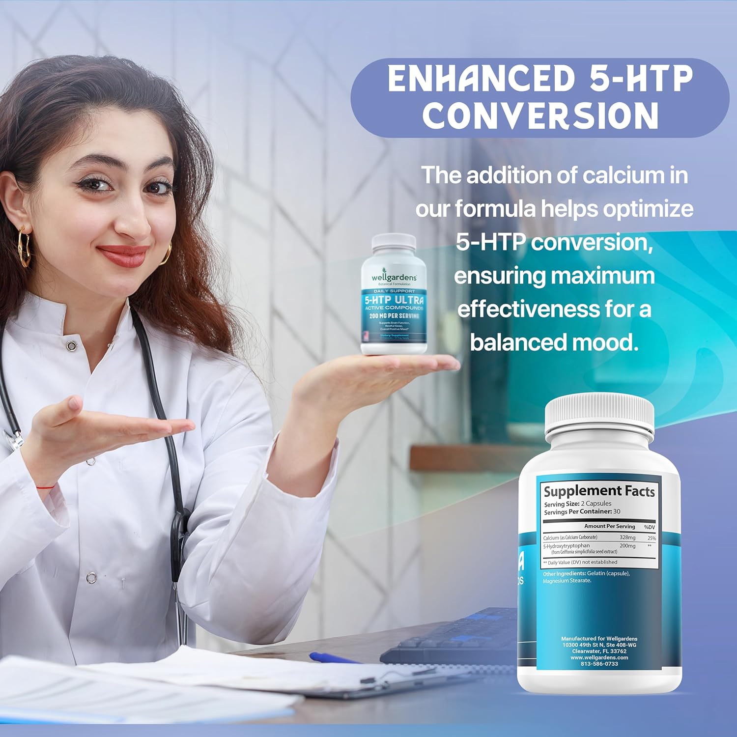 Wellgardens 5-HTP Ultra Supplement for Mood, Sleep, and Stress Support - 100% Pure 200mg Capsules with Calcium - 60 Count, 30 Servings