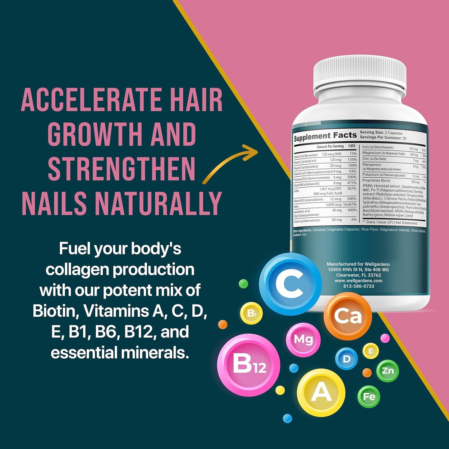 Wellgardens Biotin Vitamins for Hair, Skin, and Nails - 100% Pure Formula for Women and Men, Ages 18+, Supports Faster Growth and Strength - Extra Strength 78,1119mcg - 1 Month Supply