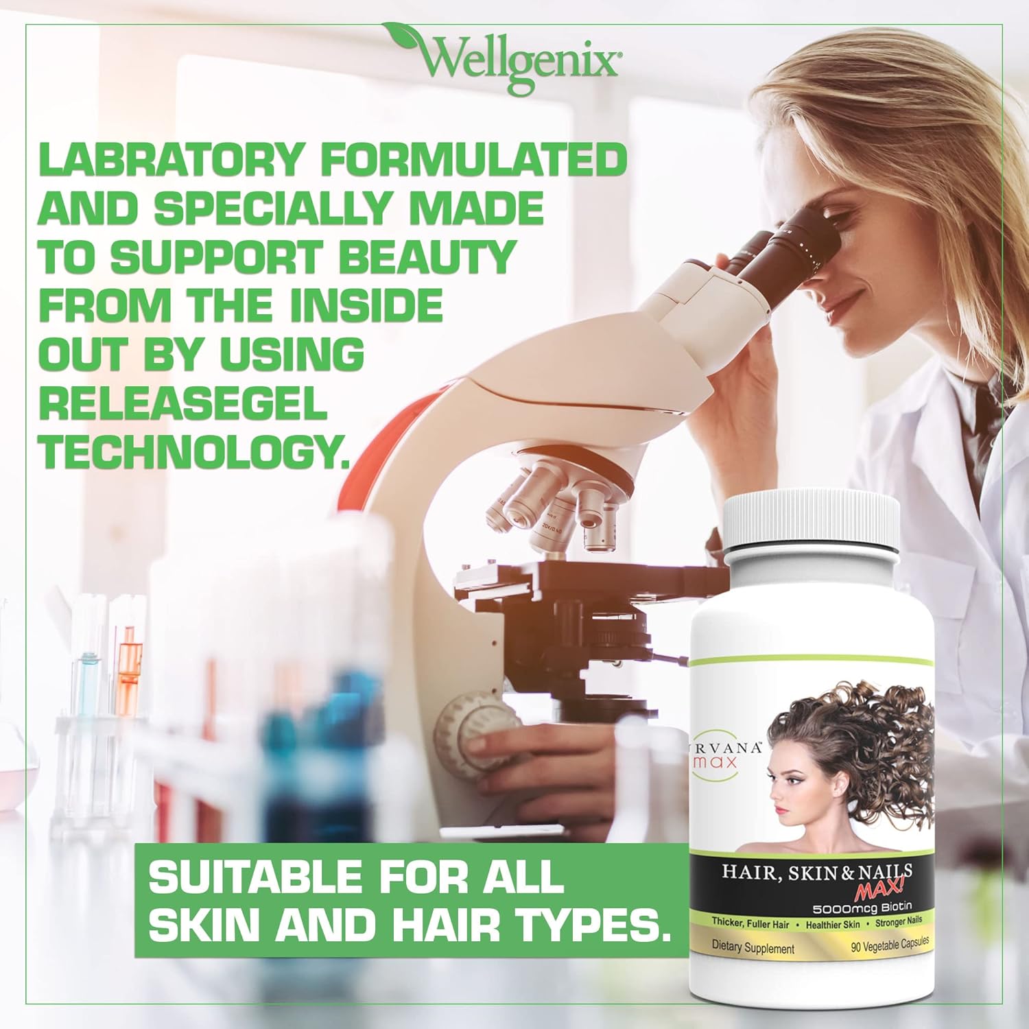 Wellgenix Purvana Max Hair, Skin & Nails Supplement with Biotin 5000mcg - Promotes Hair Growth, Prevents Hair Loss - Vegan Formula for Women & Men - Ideal for Post Partum & PCOS - 90 Count, 1 Pack