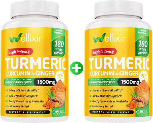 Wellixir Turmeric Supplement 2-Pack with Black Pepper & Ginger - Joint Health Support - 95% Curcuminoids - 360 Capsules total