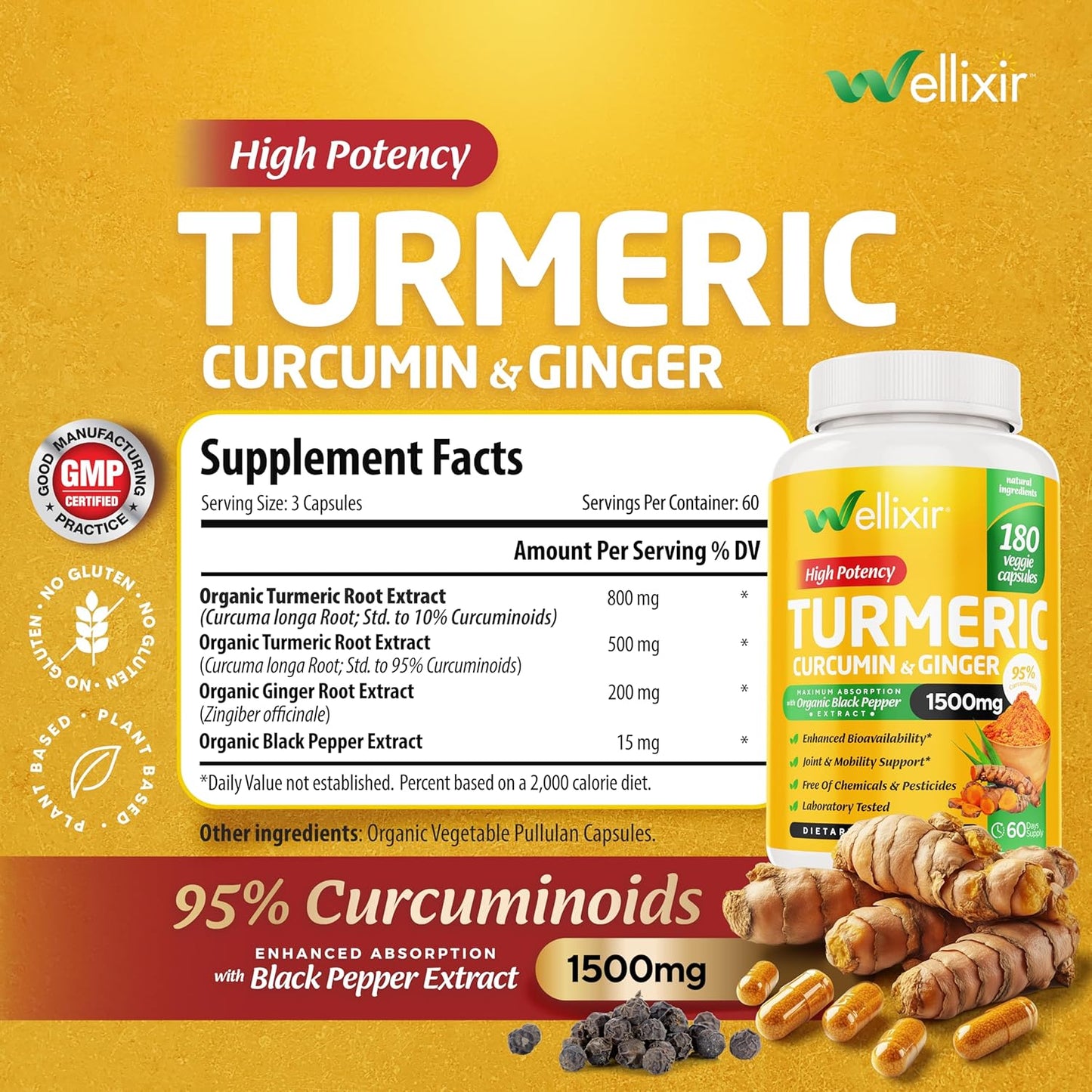 Wellixir Turmeric Supplement 2-Pack with Black Pepper & Ginger - Joint Health Support - 95% Curcuminoids - 360 Capsules total