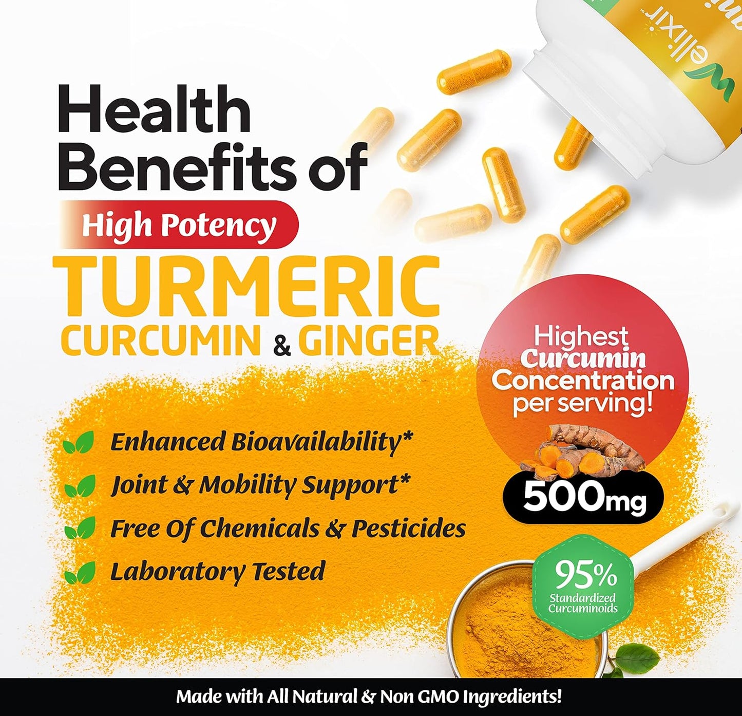 Wellixir Turmeric Supplement 2-Pack with Black Pepper & Ginger - Joint Health Support - 95% Curcuminoids - 360 Capsules total