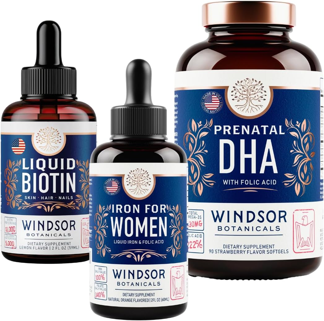Wellness and Pregnancy Support Bundle: Liquid Biotin, Liquid Iron, Folic Acid, Prenatal DHA by WINDSOR BOTANICALS