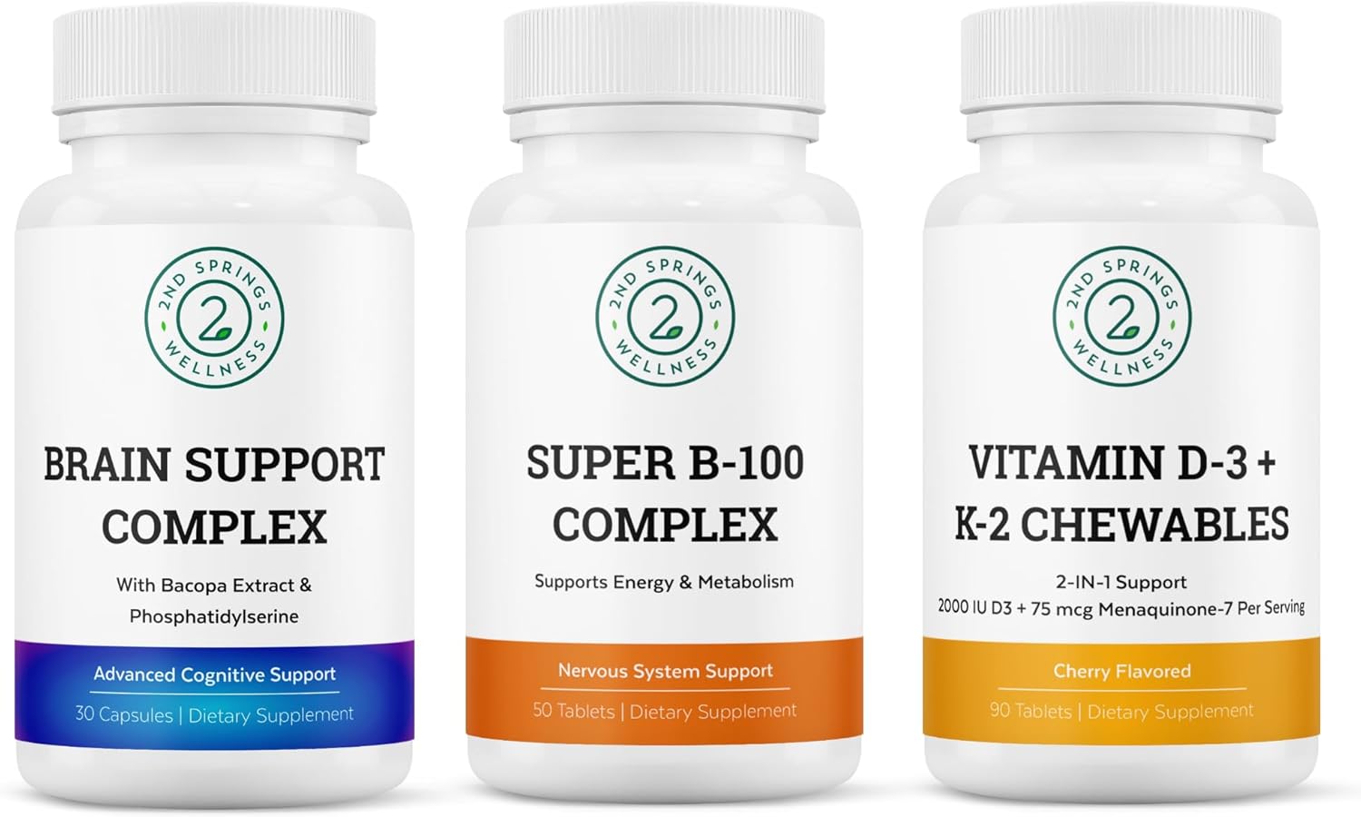 Wellness Bundle: Brain Support, Super B-100, and Vitamin D3 + K2 - 2nd Springs