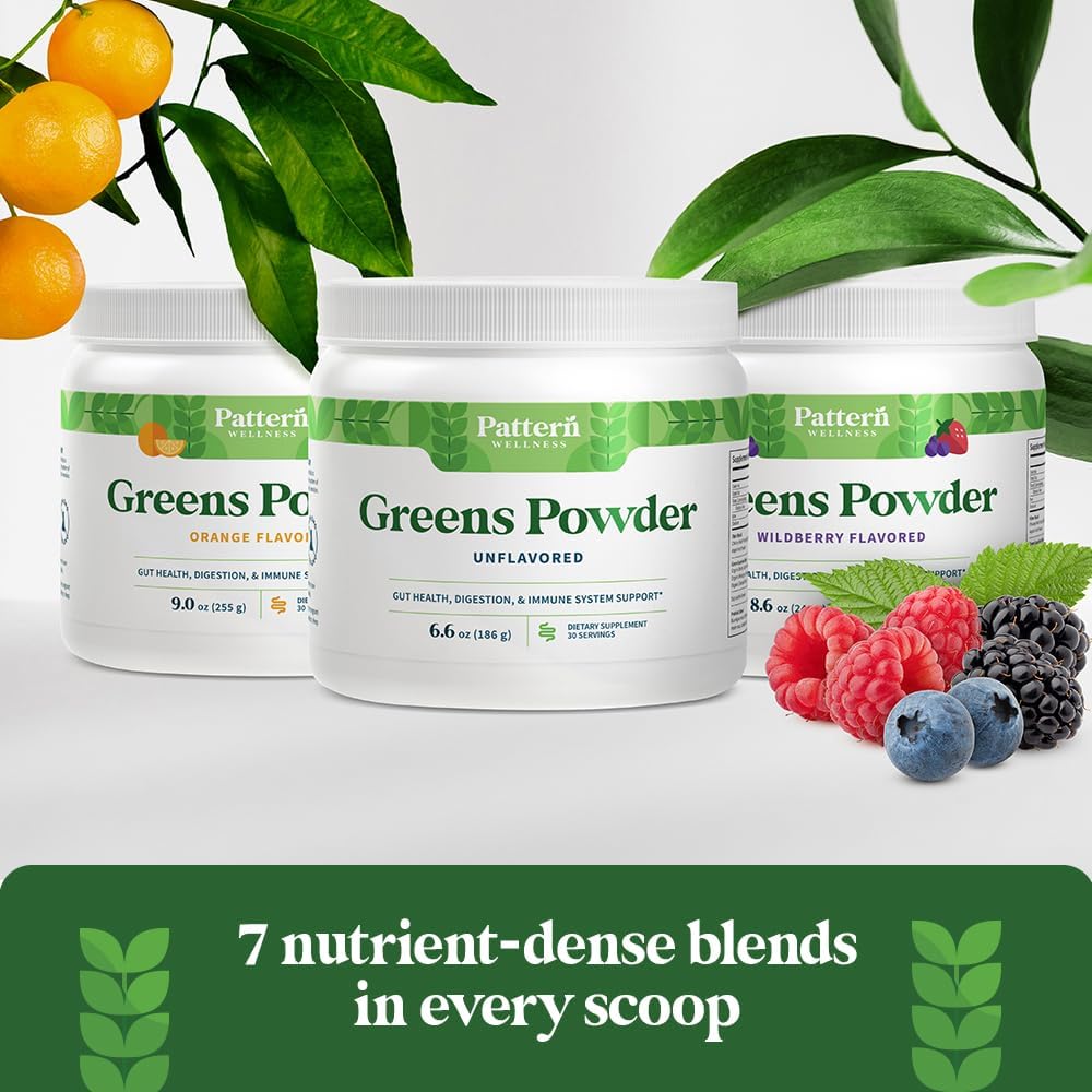 Wellness Greens Powder Superfood with Antioxidants, Digestive Enzymes, Fiber, Probiotics, Adaptogens - Supports Gut, Digestion, Immune System - 30 Servings - 9.0 oz (Orange)