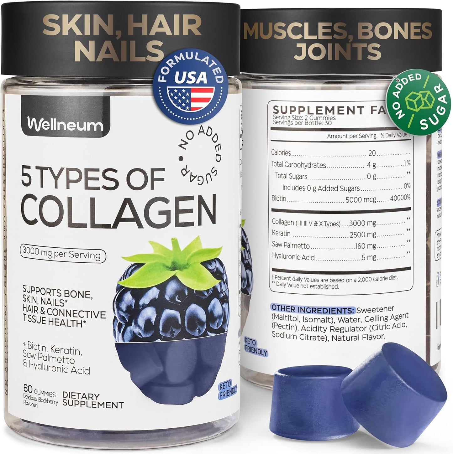 Wellneum Collagen Peptide Gummies with Hyaluronic Acid, Biotin, Keratin, Saw Palmetto - Sugar Free Collagen Supplement for Healthy Skin, Hair, Nails, and Bones - Men and Women - Non-GMO, Gluten Free