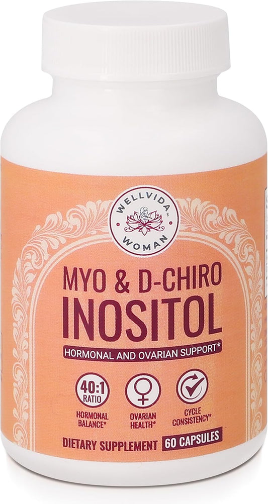 WellVida Myo-Inositol & D-Chiro Inositol Supplement - 60 Capsules, 40:1 Ratio for Ovarian Support, 1000mg Myo-Inositol & 25mg D-Chiro w/ Caronositol - Daily Inositol for Women