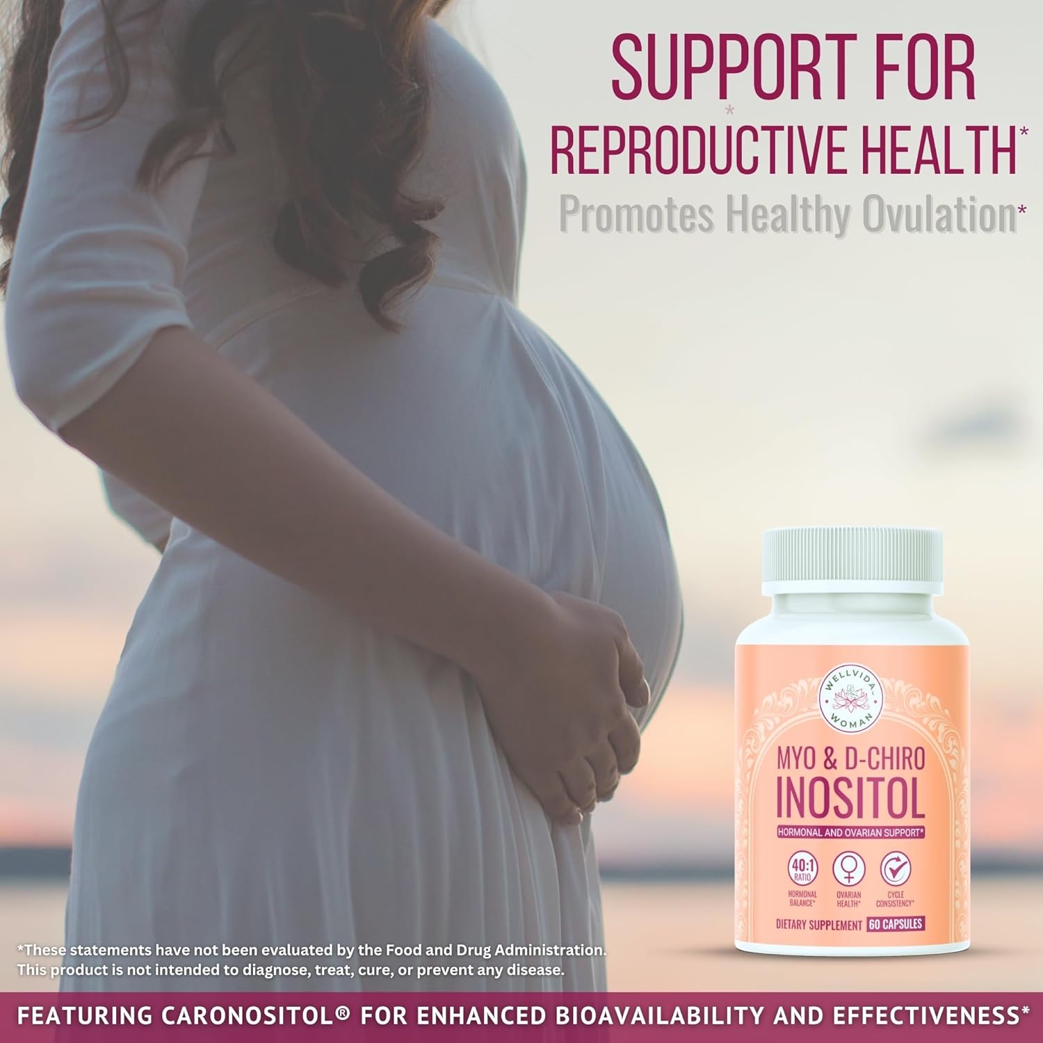 WellVida Myo-Inositol & D-Chiro Inositol Supplement - 60 Capsules, 40:1 Ratio for Ovarian Support, 1000mg Myo-Inositol & 25mg D-Chiro w/ Caronositol - Daily Inositol for Women