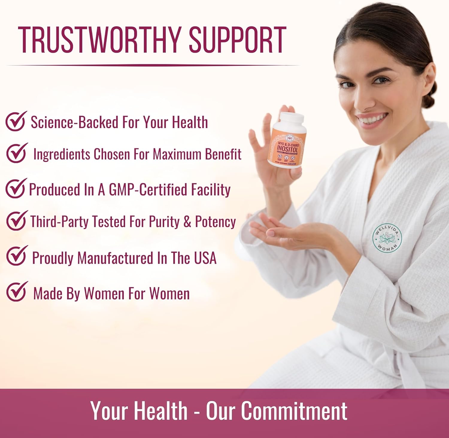 WellVida Myo-Inositol & D-Chiro Inositol Supplement - 60 Capsules, 40:1 Ratio for Ovarian Support, 1000mg Myo-Inositol & 25mg D-Chiro w/ Caronositol - Daily Inositol for Women