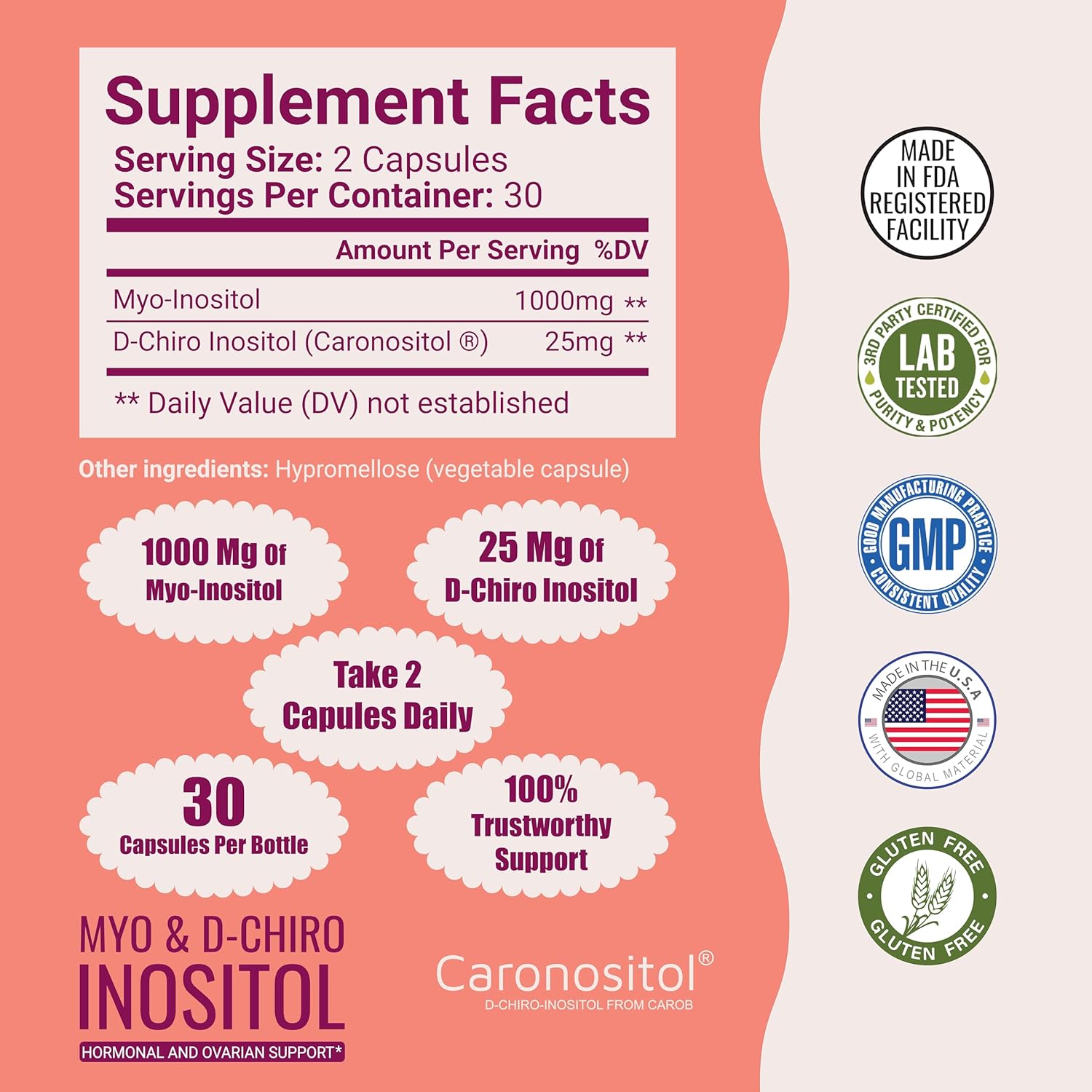 WellVida Myo-Inositol & D-Chiro Inositol Supplement - 60 Capsules, 40:1 Ratio for Ovarian Support, 1000mg Myo-Inositol & 25mg D-Chiro w/ Caronositol - Daily Inositol for Women