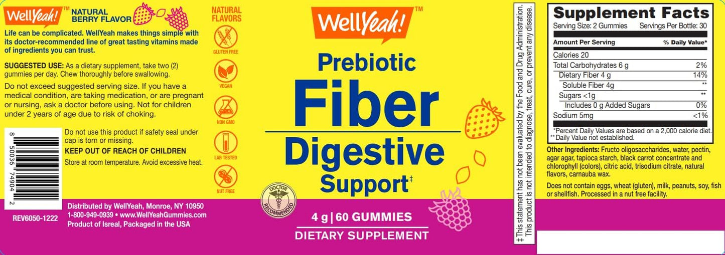 WellYeah Prebiotic Fiber Gummies - Digestive Health Supplement for Adults - Vegan, Gluten-Free, Non GMO - Berry Flavor - 60 Count