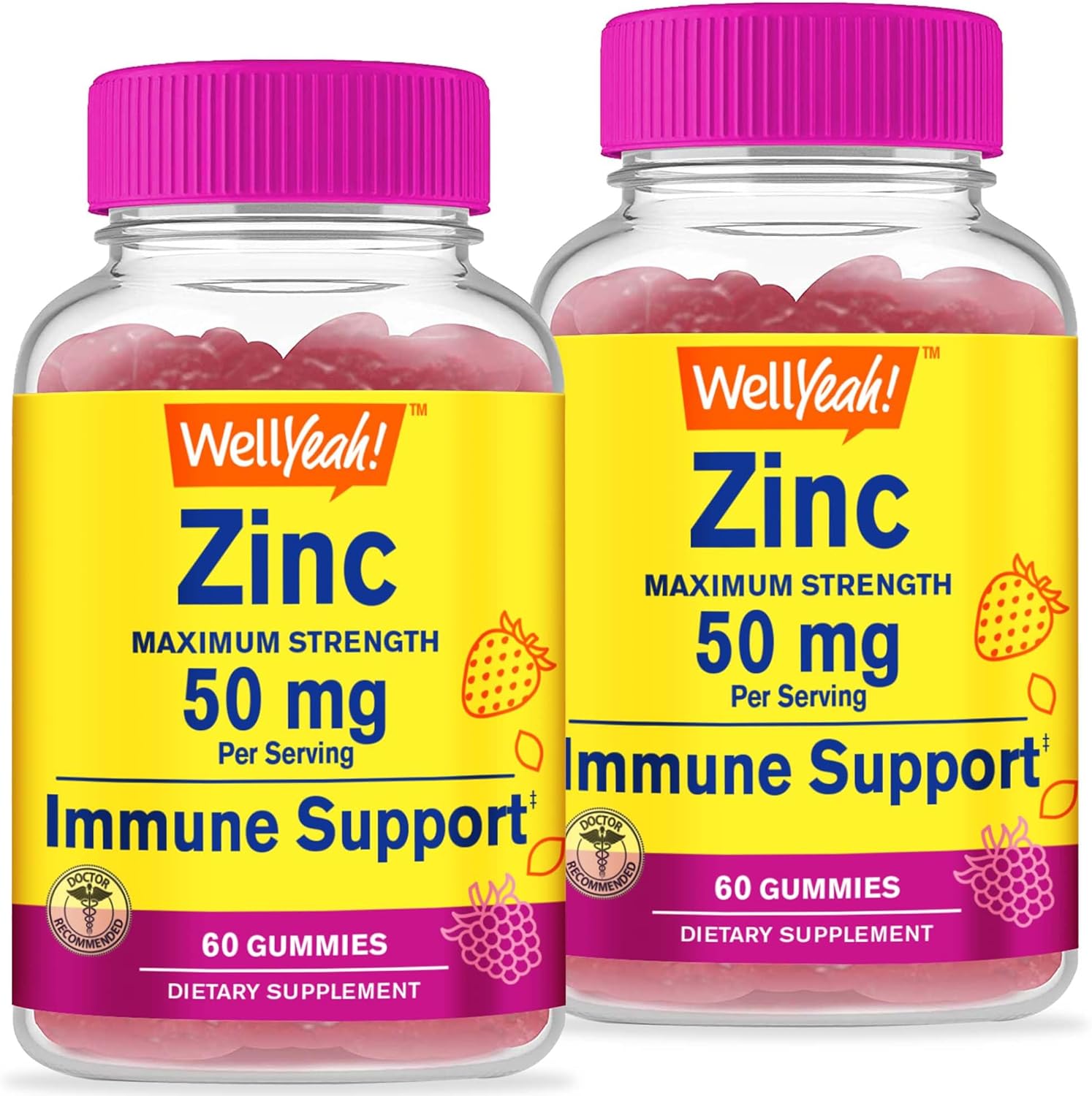 WellYeah Zinc Gummies 50 mg (2 Pack) - Boosts Immune System and Antioxidant Defense - Berry Flavor - Gluten & GMO Free - 60 Gummy Supplements