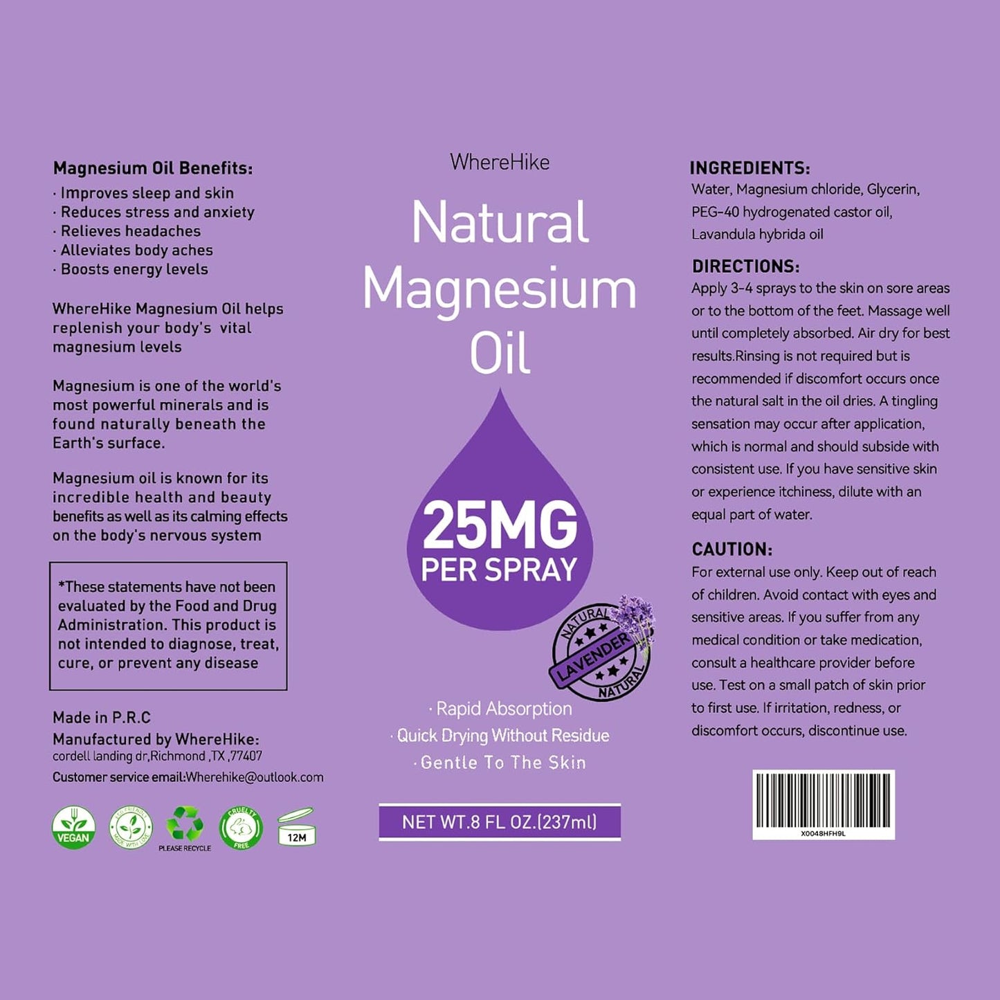 WhereHike Lavender Magnesium Oil Spray - Ideal Gift for Sleep & Muscle Relaxation, Rapid Absorption, Quick Drying Formula - BoostGo Australia