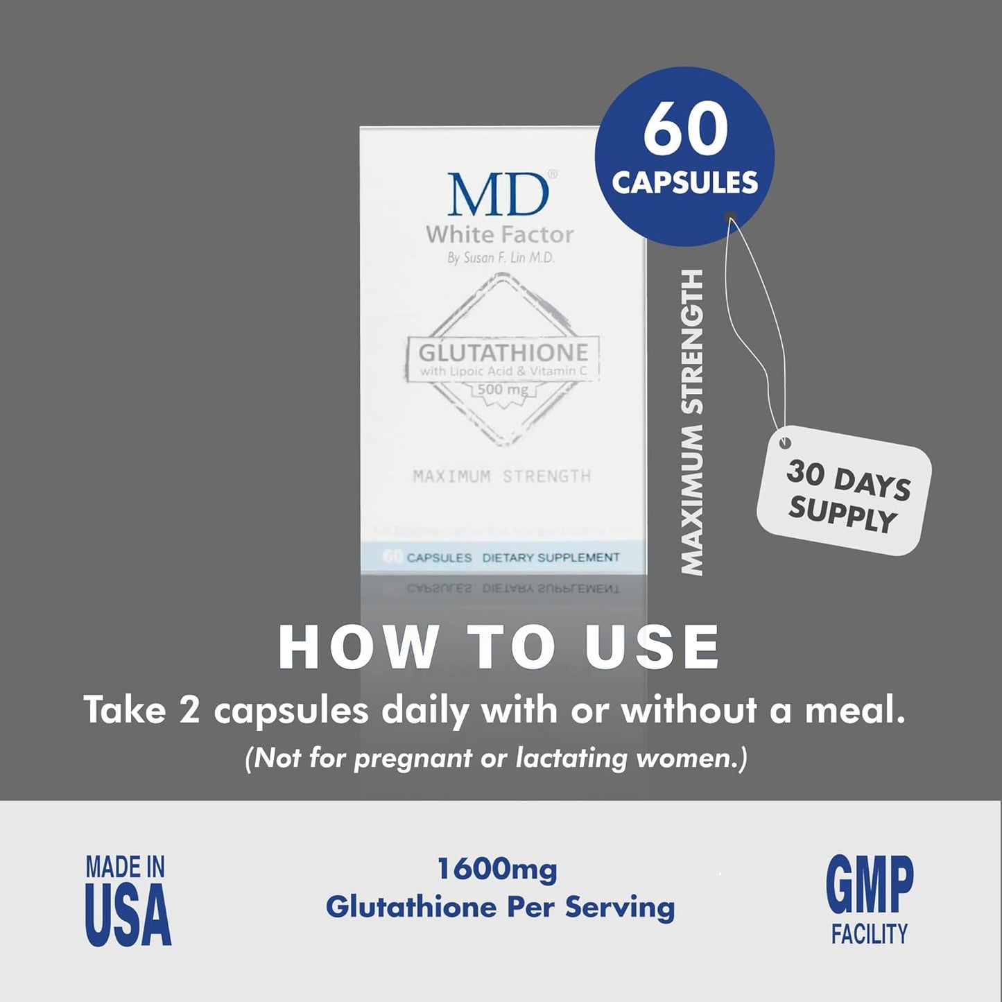 White Factor Glutathione Supplement with Antioxidants, Vitamin C, and Lipoic Acid - 60 Capsules