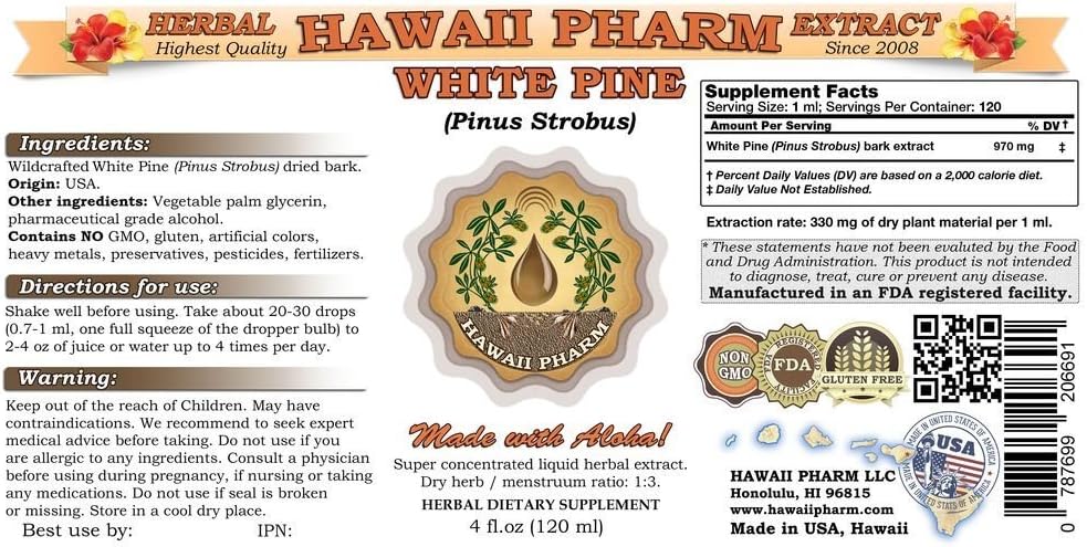 White Pine Herbal Supplement Liquid Extract and Bark Powder Tincture Set - 15x4 fl.oz - Made in USA by Hawaii Pharm