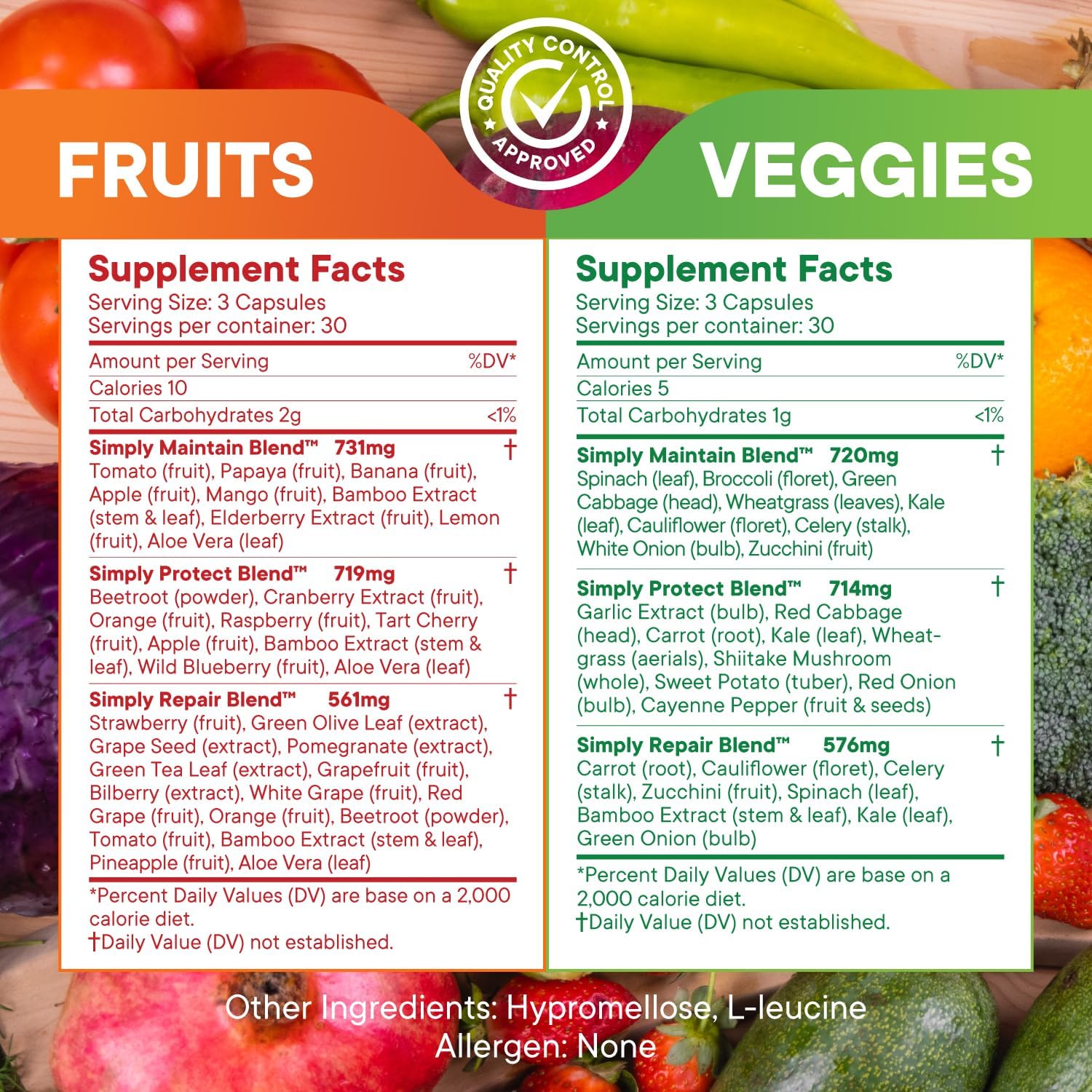 Whole Food Superfood Supplement: 3-Month Supply of 540 Capsules with Over 40 Fruits & Vegetables, Aloe Vera, 100% Soy-Free