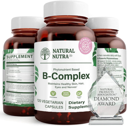 Whole Food Vitamin B Complex Supplement for Nervous System, Metabolism, Skin, Eyes & Hair - 120 Veg Capsules