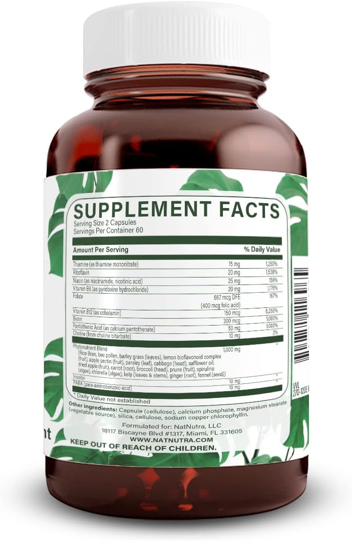 Whole Food Vitamin B Complex Supplement for Nervous System, Metabolism, Skin, Eyes & Hair - 120 Veg Capsules