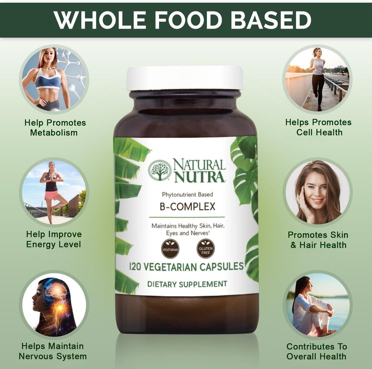 Whole Food Vitamin B Complex Supplement for Nervous System, Metabolism, Skin, Eyes & Hair - 120 Veg Capsules