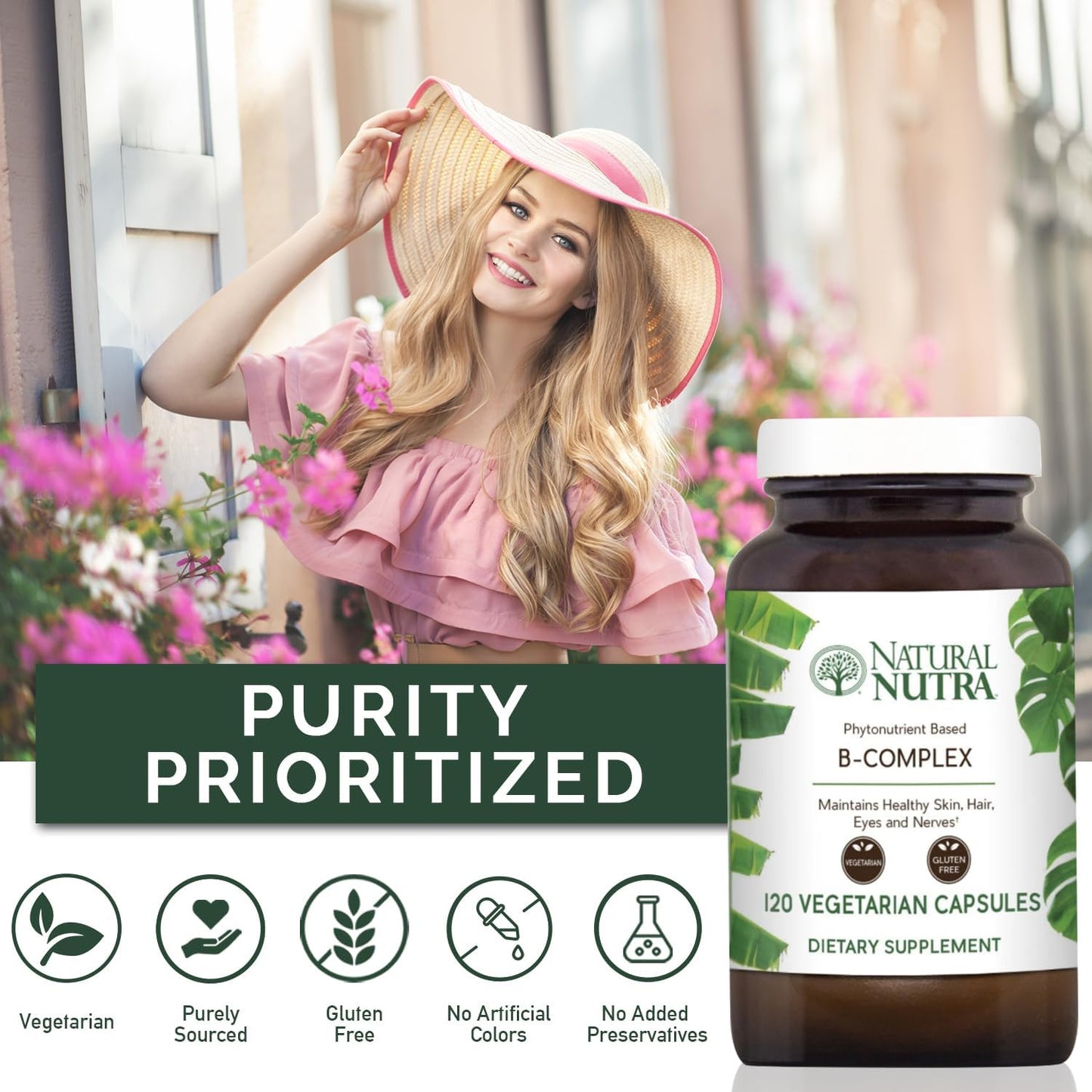 Whole Food Vitamin B Complex Supplement for Nervous System, Metabolism, Skin, Eyes & Hair - 120 Veg Capsules