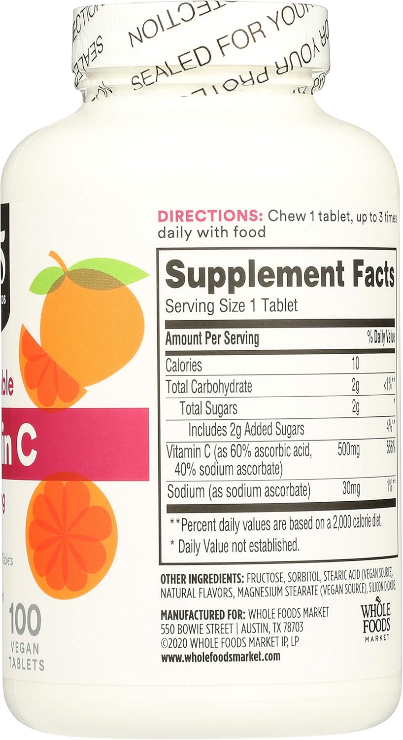 Whole Foods Market 365 Chewable Vitamin C 500mg - 100 Tablets x 2 Pack