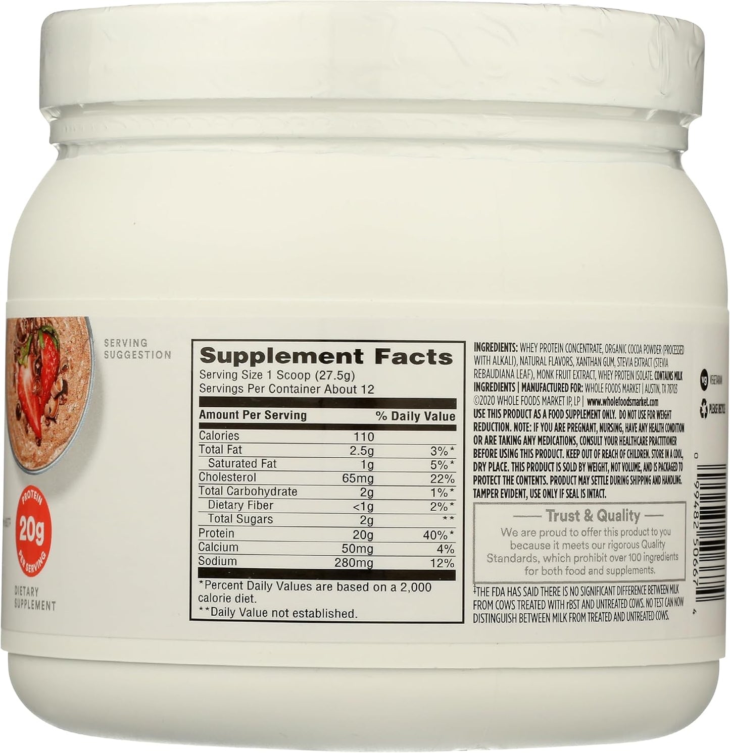 Whole Foods Market 365 Grassfed Chocolate Protein Whey Powder - 11.6 Ounce