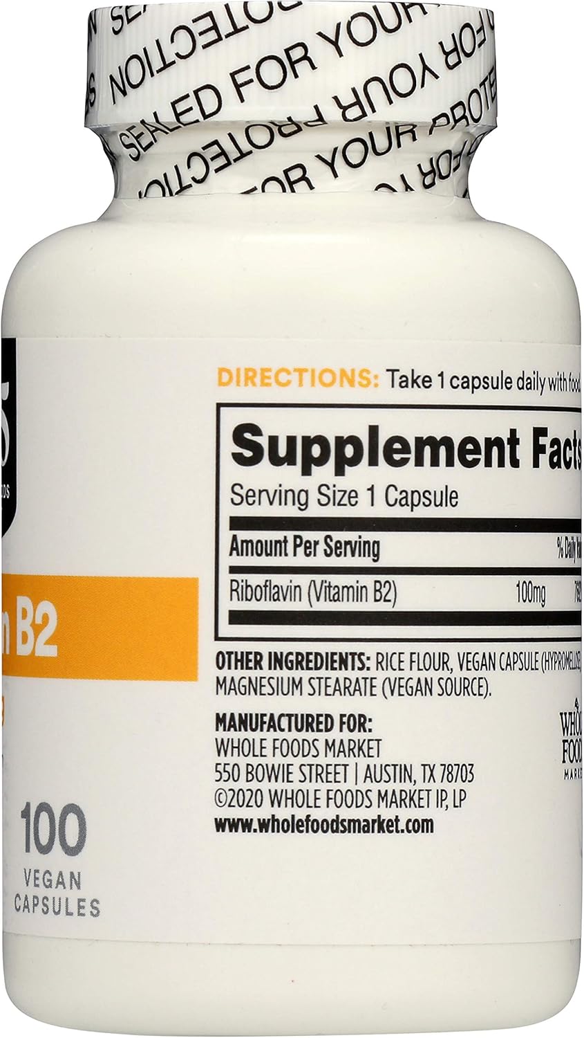Whole Foods Market 365, Vitamin B2 100mg, 100 Veg Capsules - Pack of 2