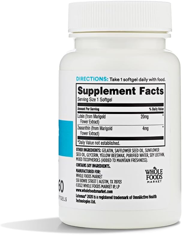Whole Foods Market Lutein 20mg Zeaxanthin Supplement, 60 Count x2 - 365 Brand