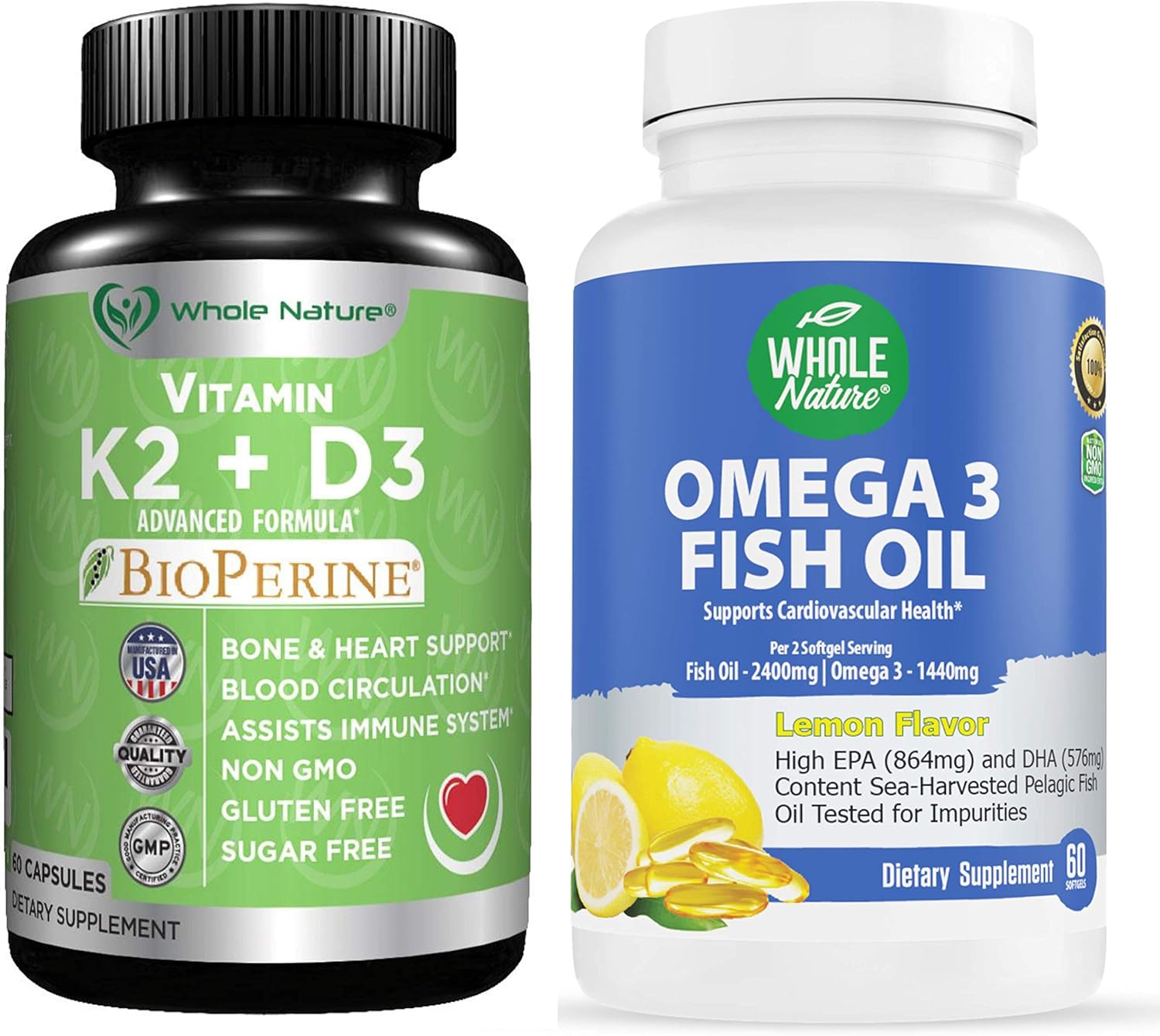 Whole Nature K2+D3 with Bioperine, Calcium, and Omega 3 Fish Oil for Heart, Bone, Joint, and Brain Health