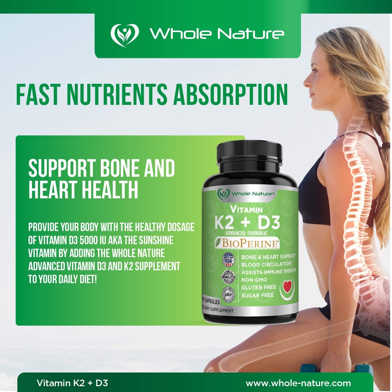 Whole Nature K2+D3 with Bioperine, Calcium, and Omega 3 Fish Oil for Heart, Bone, Joint, and Brain Health