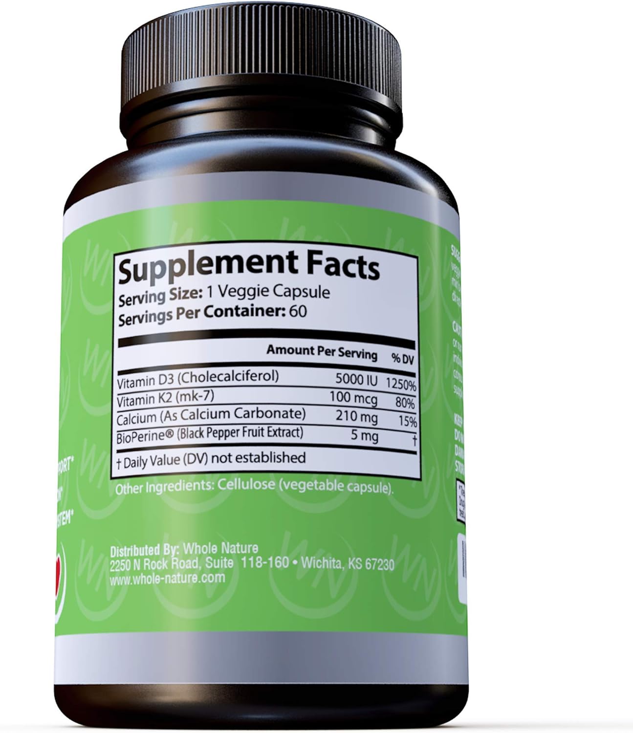 Whole Nature K2+D3 with Bioperine, Calcium, and Omega 3 Fish Oil for Heart, Bone, Joint, and Brain Health