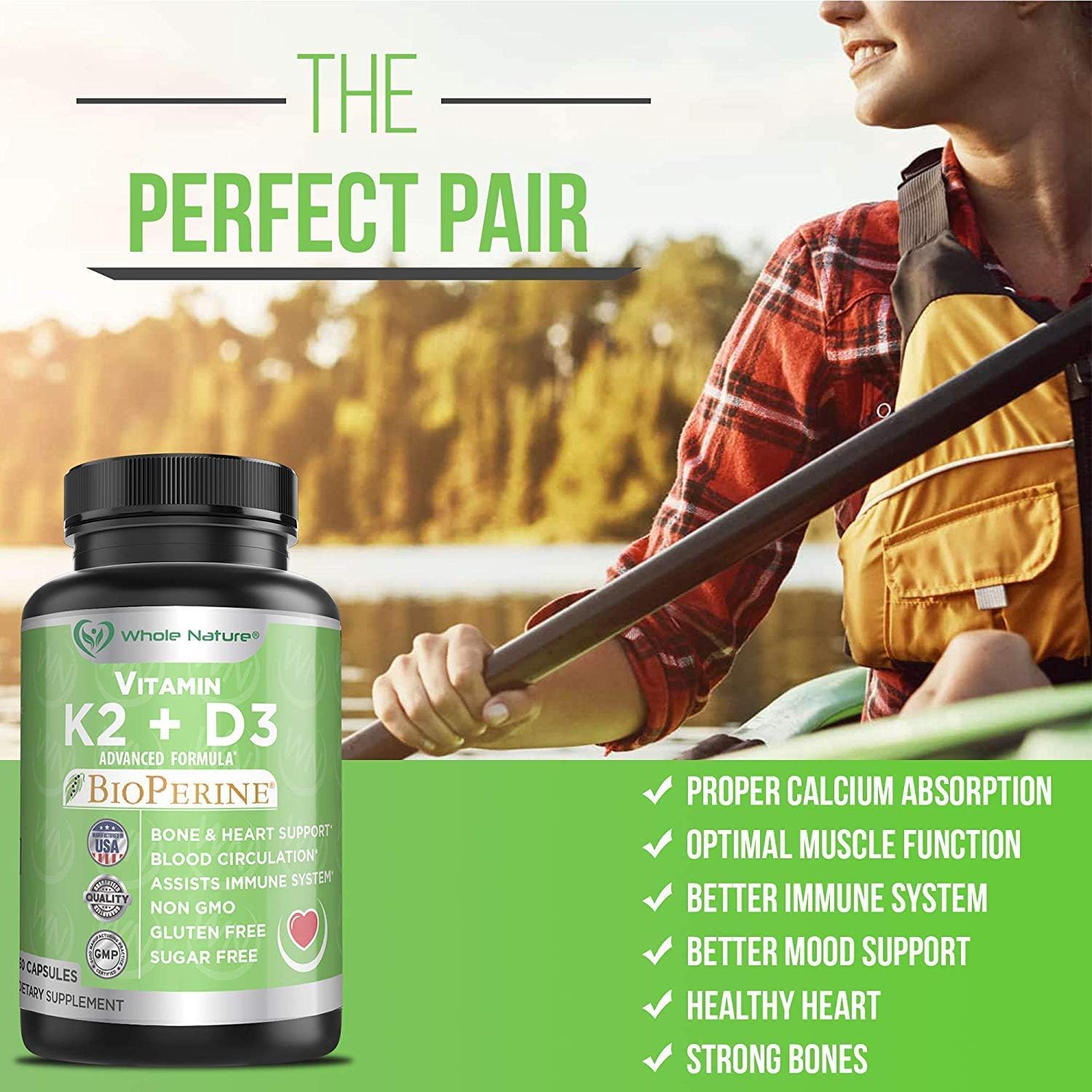 Whole Nature K2+D3 with Bioperine, Calcium, and Omega 3 Fish Oil for Heart, Bone, Joint, and Brain Health