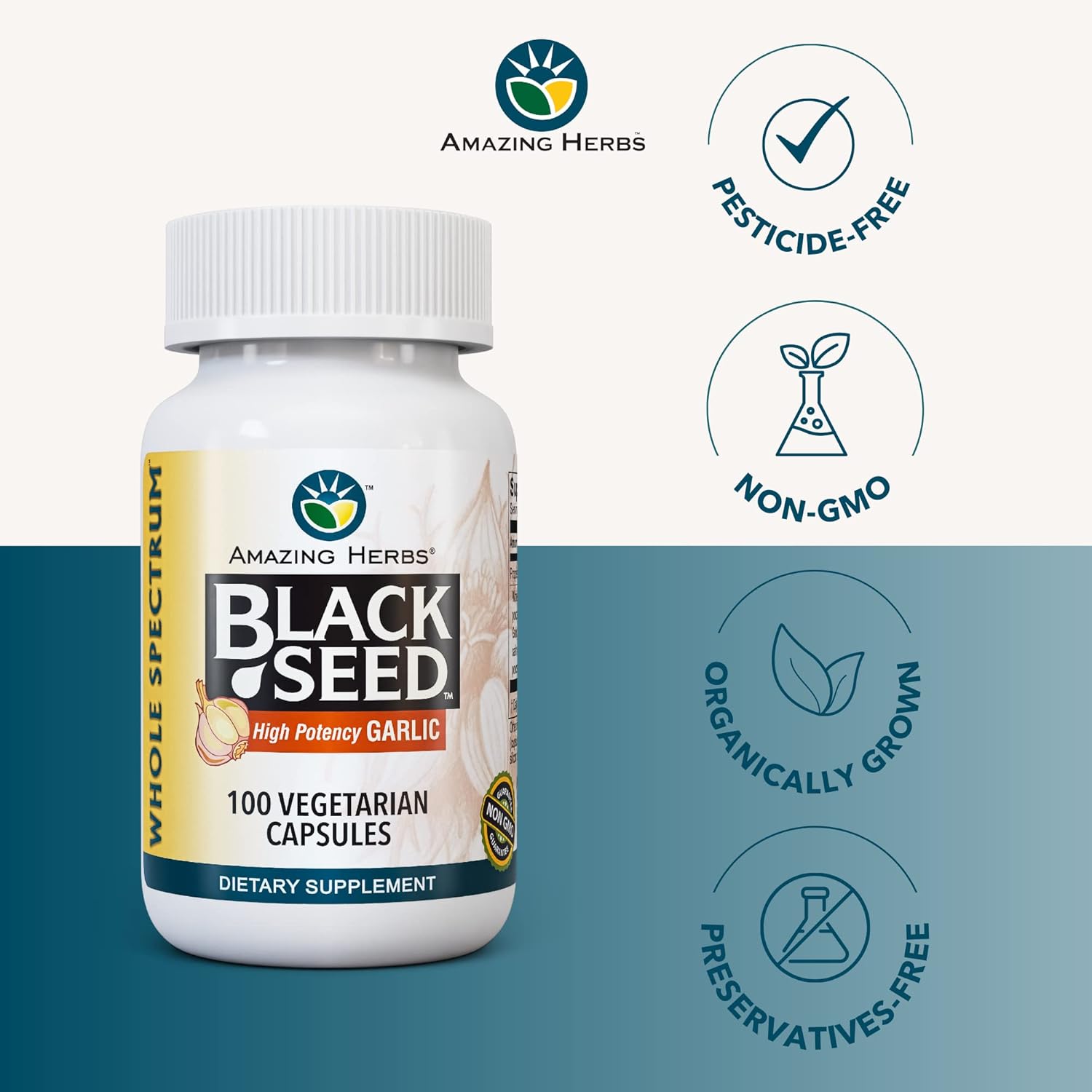 Whole Spectrum Black Seed & High Potency Garlic Capsules - Vegan, Gluten-Free, Non-GMO - Supports Immune System, Lung Function & Cardiovascular Health - 100 Count