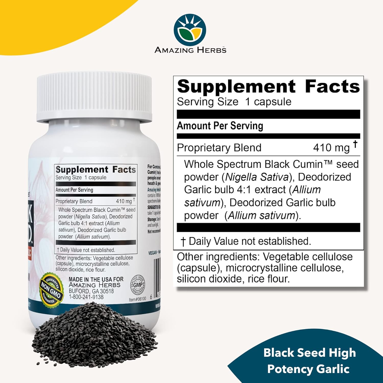 Whole Spectrum Black Seed & High Potency Garlic Capsules - Vegan, Gluten-Free, Non-GMO - Supports Immune System, Lung Function & Cardiovascular Health - 100 Count
