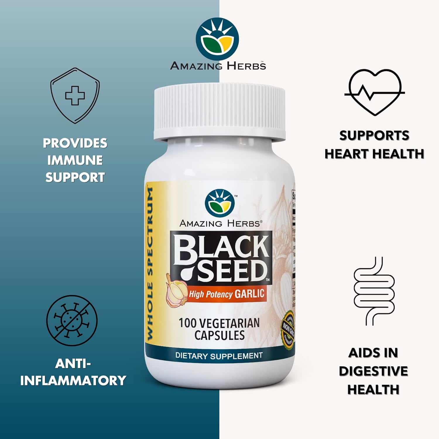 Whole Spectrum Black Seed & High Potency Garlic Capsules - Vegan, Gluten-Free, Non-GMO - Supports Immune System, Lung Function & Cardiovascular Health - 100 Count