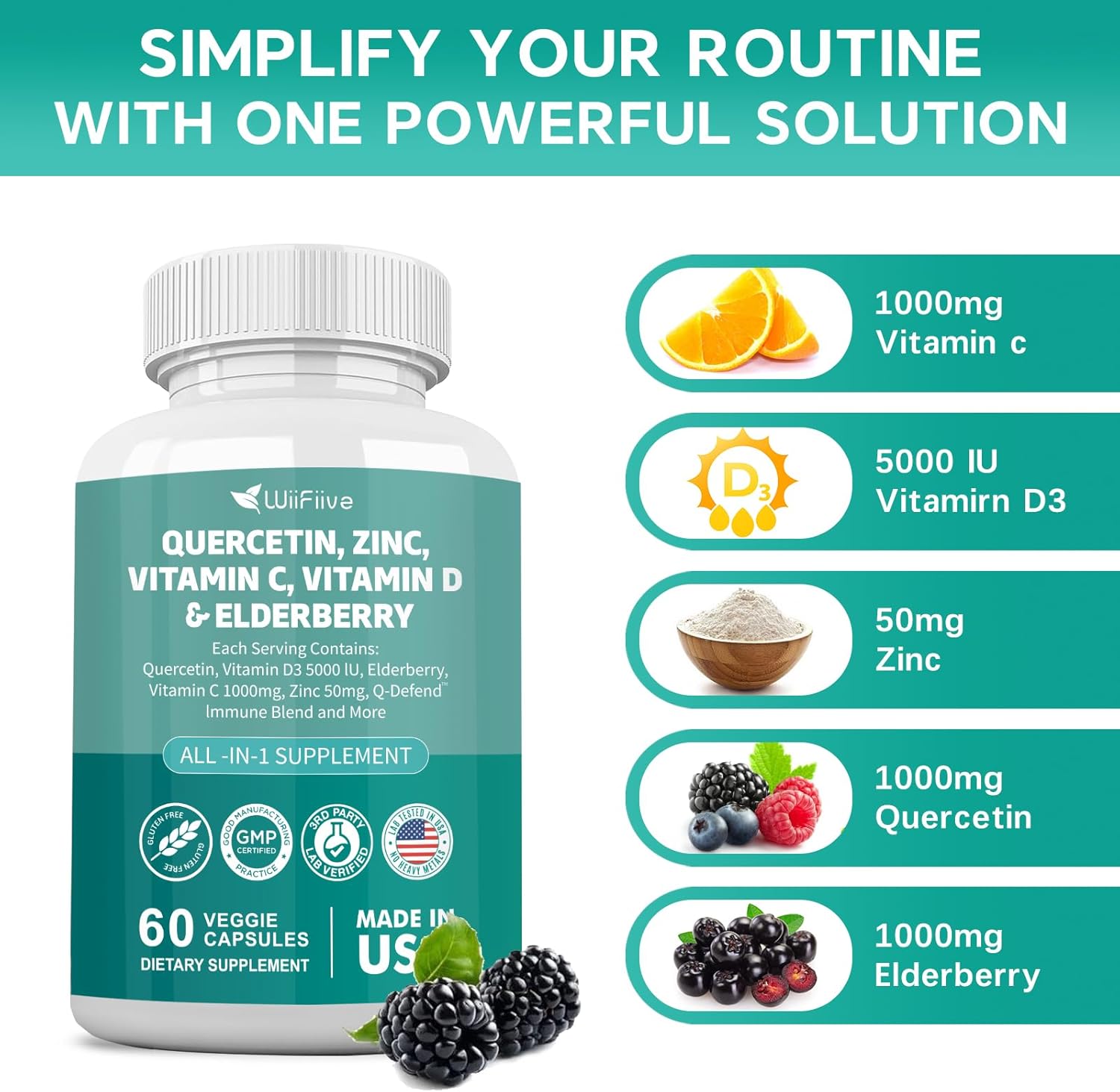 WiiFiive Immune Support Supplement with Quercetin, Zinc, Vitamin C, D3, Turmeric, Elderberry, Reishi, Nettle, Artemisinin - 60 Count