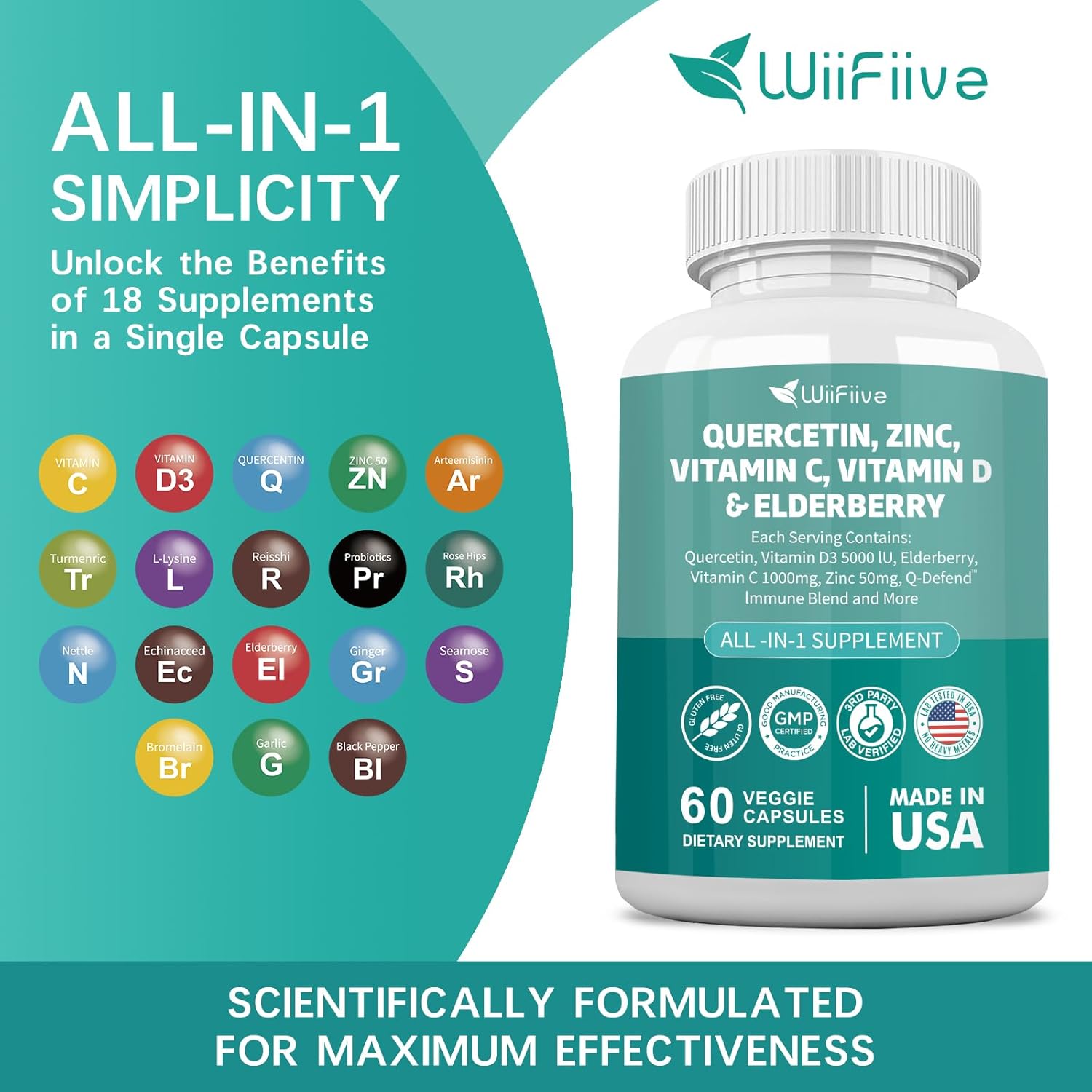 WiiFiive Immune Support Supplement with Quercetin, Zinc, Vitamin C, D3, Turmeric, Elderberry, Reishi, Nettle, Artemisinin - 60 Count