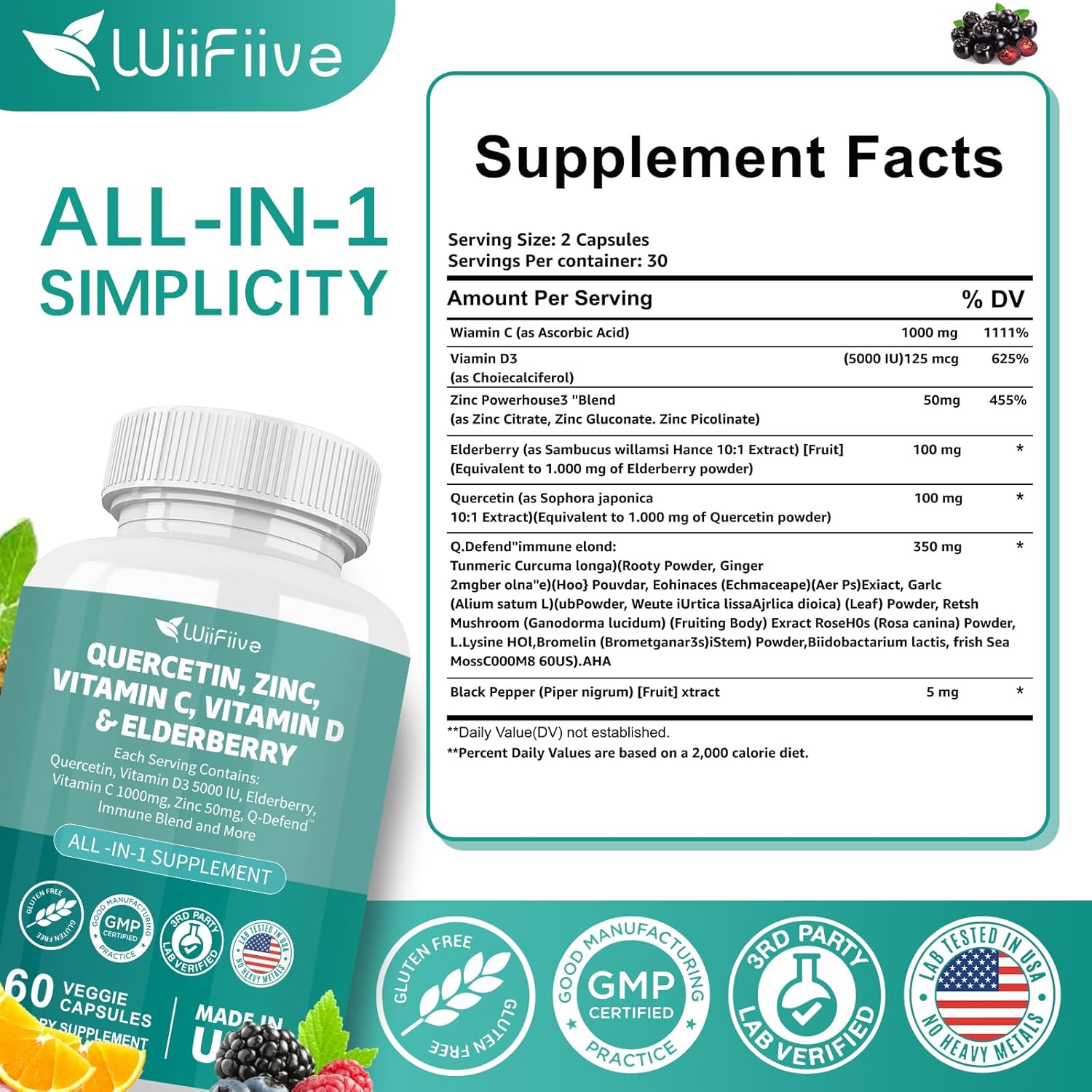 WiiFiive Immune Support Supplement with Quercetin, Zinc, Vitamin C, D3, Turmeric, Elderberry, Reishi, Nettle, Artemisinin - 60 Count