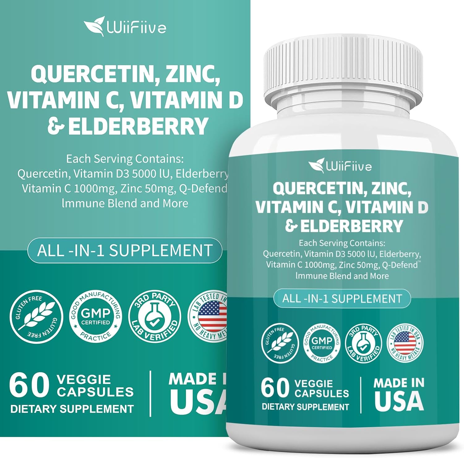 WiiFiive Immune Support Supplement with Quercetin, Zinc, Vitamin C, D3, Turmeric, Elderberry, Reishi, Nettle, Artemisinin - 60 Count