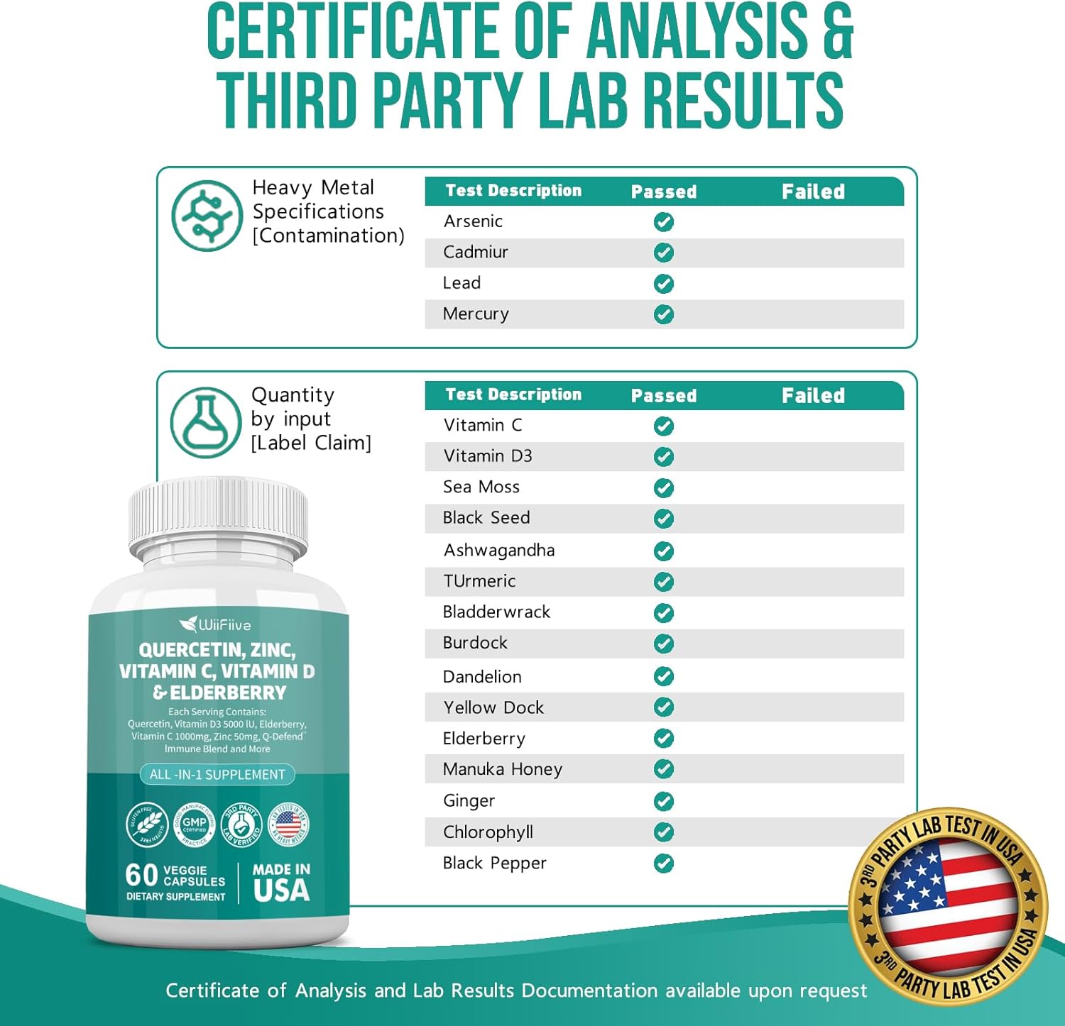 WiiFiive Immune Support Supplement with Quercetin, Zinc, Vitamin C, D3, Turmeric, Elderberry, Reishi, Nettle, Artemisinin - 60 Count