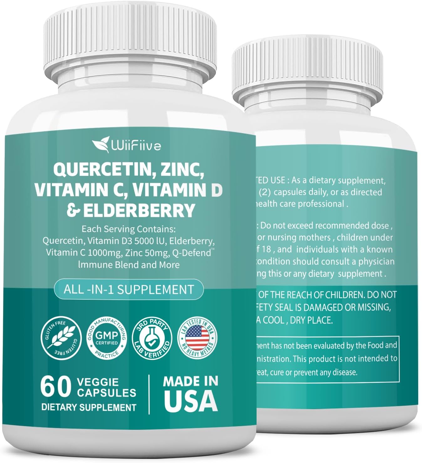 WiiFiive Immune Support Supplement with Quercetin, Zinc, Vitamin C, D3, Turmeric, Elderberry, Reishi, Nettle, Artemisinin - 60 Count