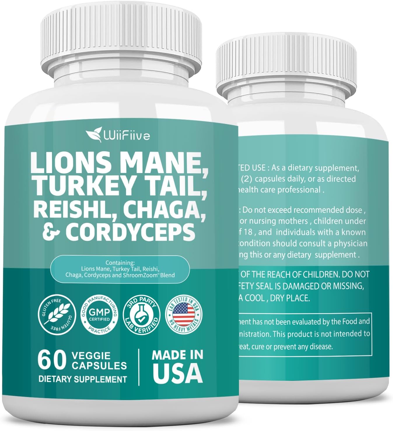 WiiFiive Lions Mane Turkey Tail Reishi Chaga Cordyceps Powder Extract with Maitake Shiitake Black Fungus, Brain and Mineral Supplement, 60 Capsules