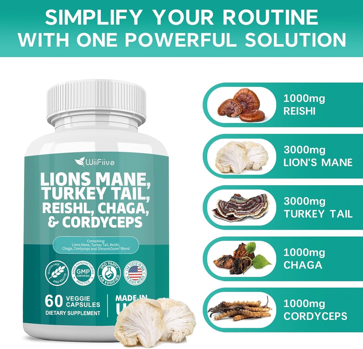 WiiFiive Lions Mane Turkey Tail Reishi Chaga Cordyceps Powder Extract with Maitake Shiitake Black Fungus, Brain and Mineral Supplement, 60 Capsules