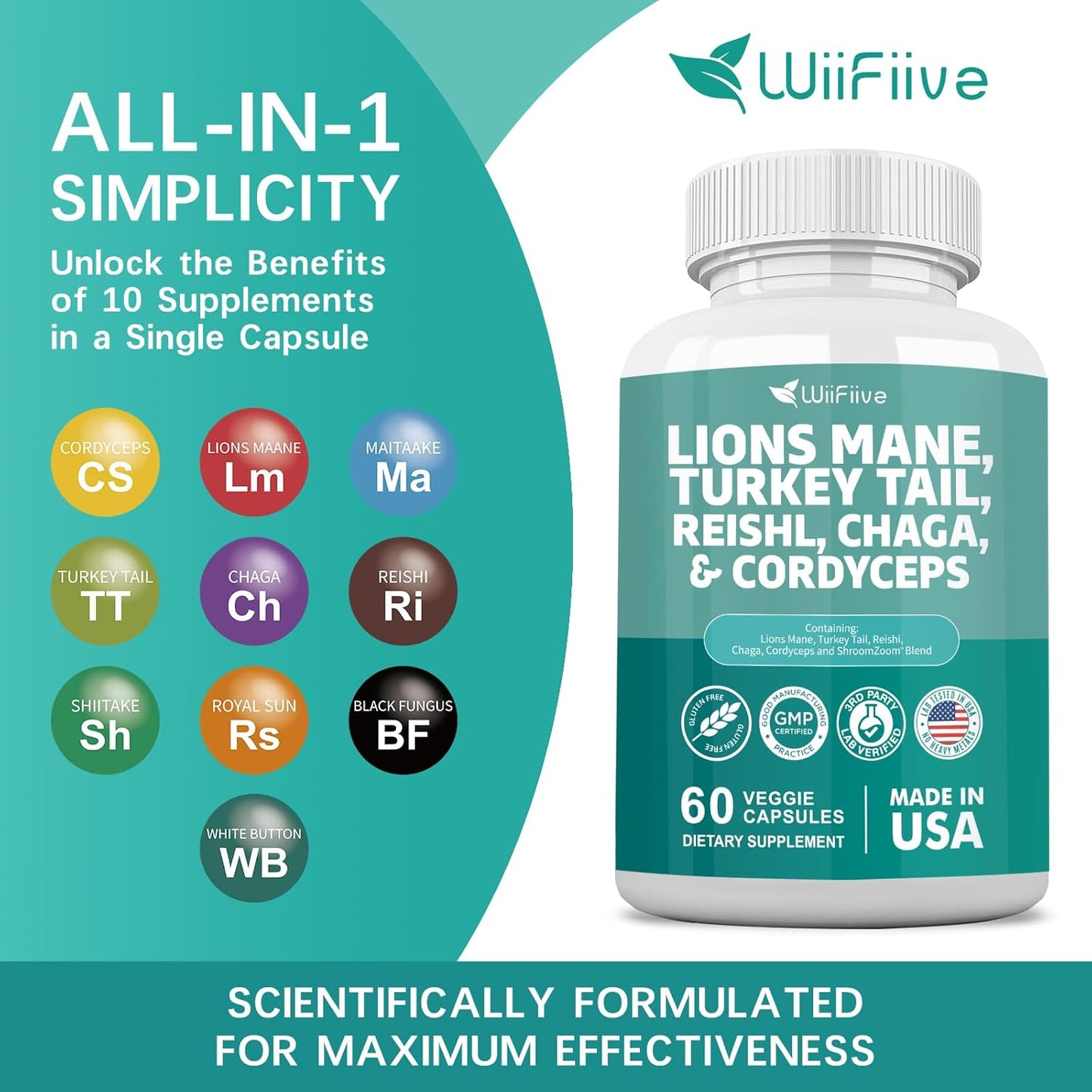 WiiFiive Lions Mane Turkey Tail Reishi Chaga Cordyceps Powder Extract with Maitake Shiitake Black Fungus, Brain and Mineral Supplement, 60 Capsules