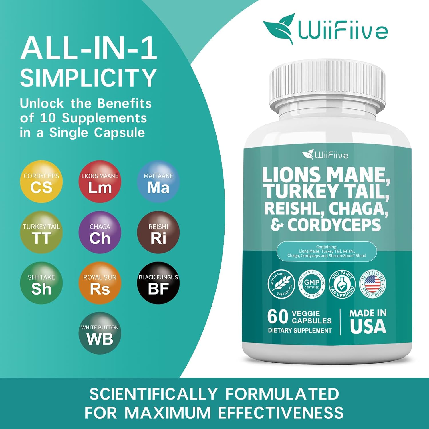 WiiFiive Lions Mane Turkey Tail Reishi Chaga Cordyceps Powder Extract with Maitake Shiitake Black Fungus, Brain and Mineral Supplement, 60 Capsules