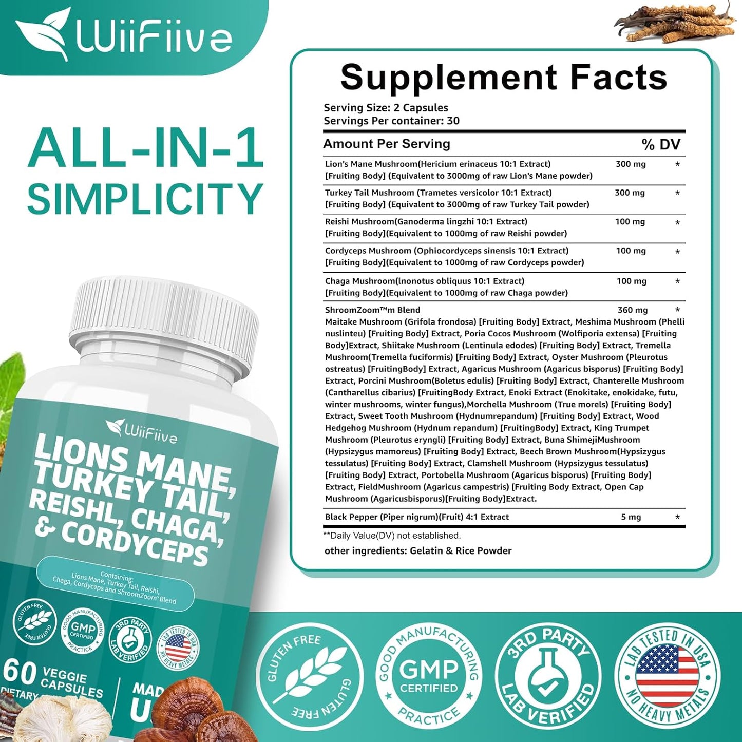 WiiFiive Lions Mane Turkey Tail Reishi Chaga Cordyceps Powder Extract with Maitake Shiitake Black Fungus, Brain and Mineral Supplement, 60 Capsules