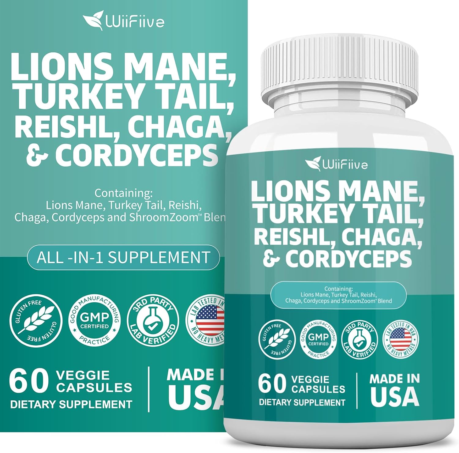 WiiFiive Lions Mane Turkey Tail Reishi Chaga Cordyceps Powder Extract with Maitake Shiitake Black Fungus, Brain and Mineral Supplement, 60 Capsules