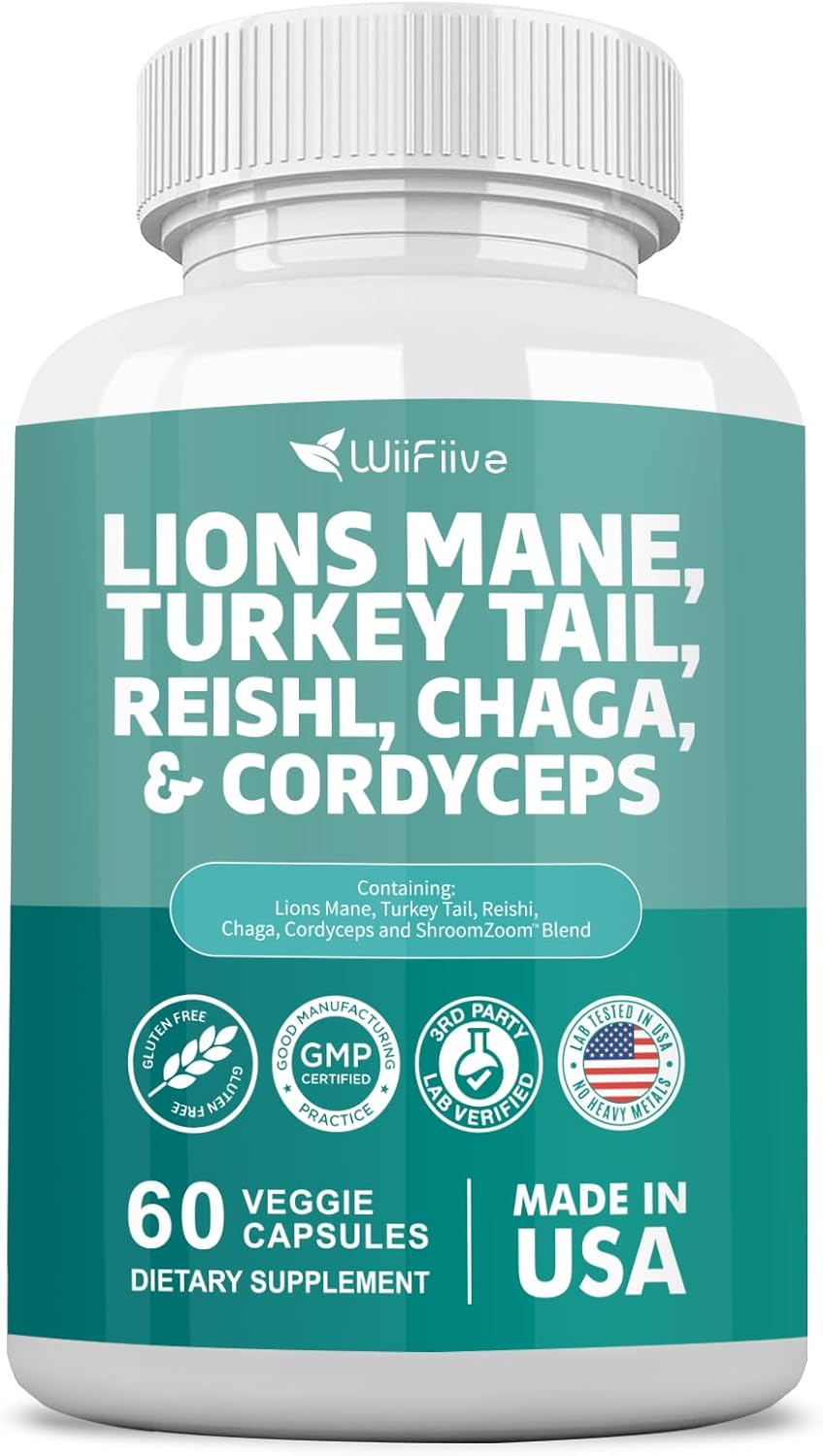 WiiFiive Lions Mane Turkey Tail Reishi Chaga Cordyceps Powder Extract with Maitake Shiitake Black Fungus, Brain and Mineral Supplement, 60 Capsules