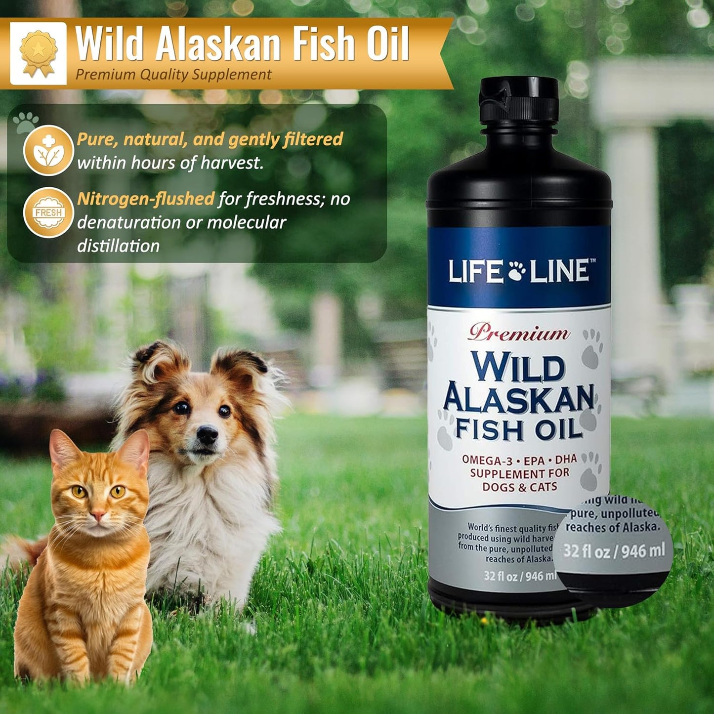 Wild Alaskan Fish Oil Omega-3 Supplement for Pets - Promotes Skin & Coat Health, Brain Function, Eye & Heart Health - 32oz Bottle